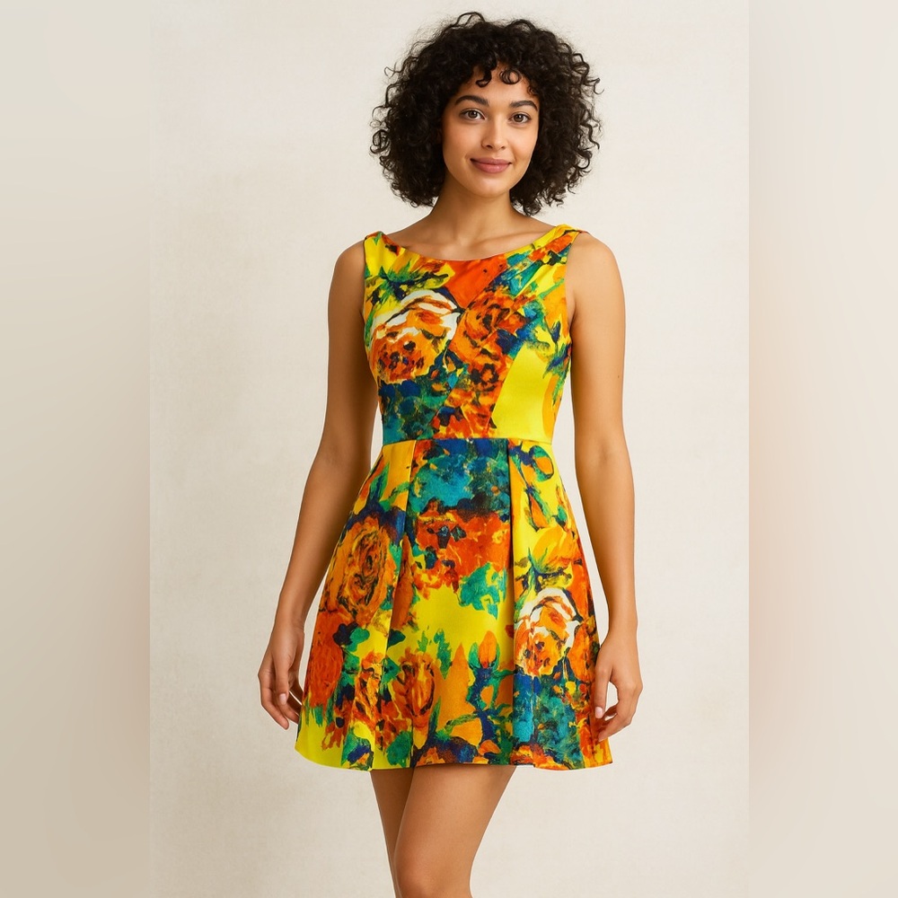 Cenia New York Yellow Floral Fit and Flare‎ Dress Sz. 8